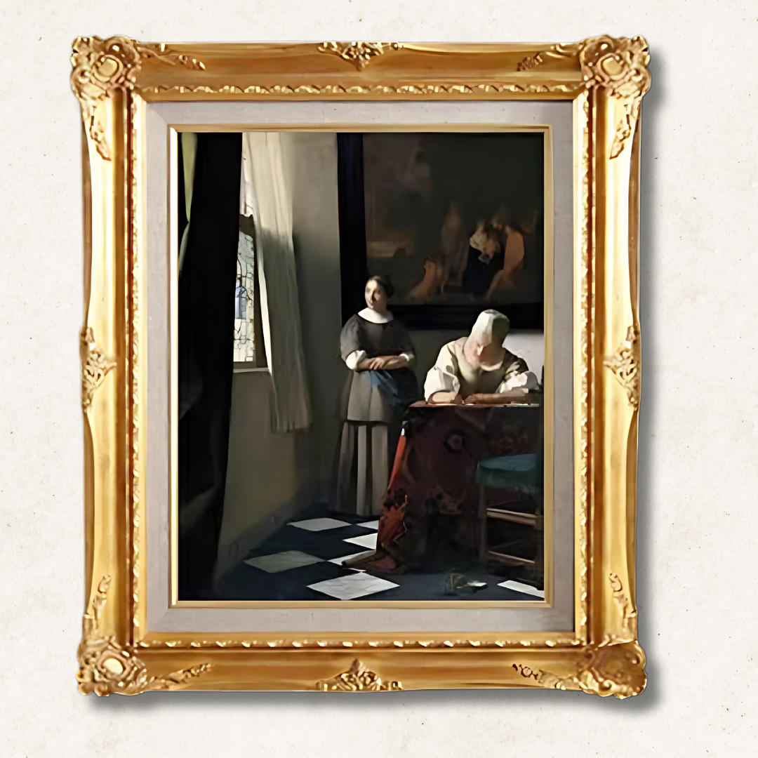 Johannes Vermeer  <br>-  Lady Writing a Letter with Her Maid